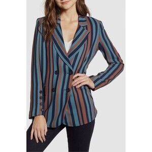 Chelsea28 Women's Blue Brown Stripe Button Double Breasted Blazer Size XXS